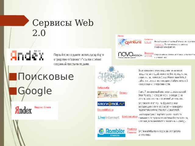 Сервисы Web 2.0 Поисковые Google 