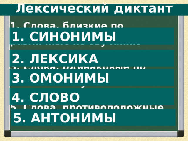 Лексический диктант 1. Слова, близкие по лексическому значению, но различные по звучанию 2. Словарный состав языка 3. Слова, одинаковые по звучанию, но различные по лексическому значению 4. Основная единица языка 5. Слова, противоположные по лексическому значению 1. СИНОНИМЫ 2. ЛЕКСИКА 3. ОМОНИМЫ 4. СЛОВО 5. АНТОНИМЫ  