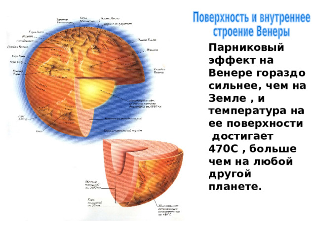 Парниковый эффект на Венере гораздо сильнее, чем на Земле , и температура на ее поверхности достигает 470С , больше чем на любой другой планете.   