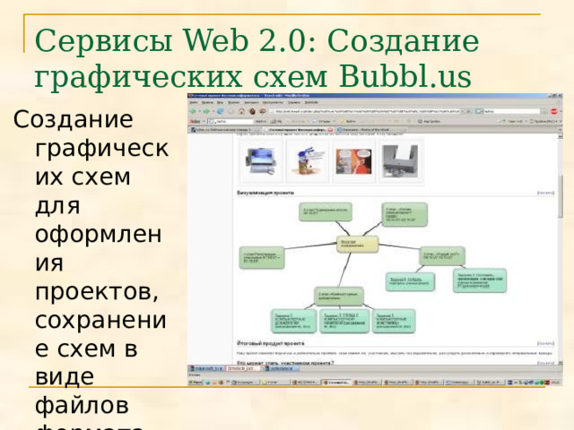 Сервисы Web 2.0: Создание графических схем Bubbl.us Создание графических схем для оформления проектов, сохранение схем в виде файлов формата jpeg 