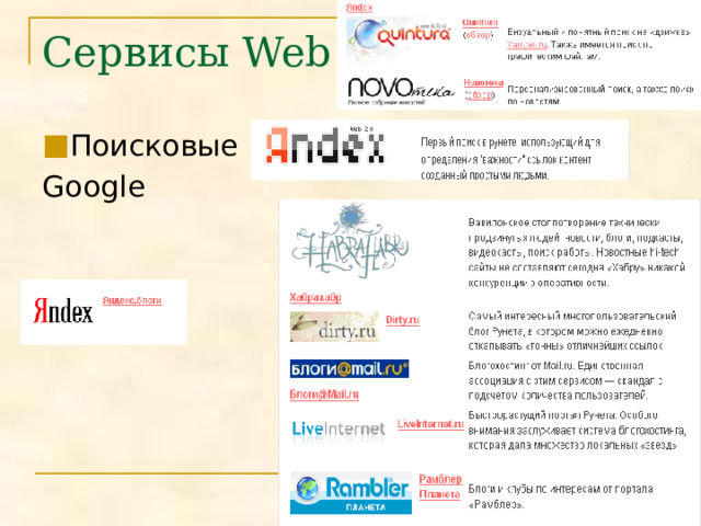 Сервисы Web 2.0 Поисковые Google 