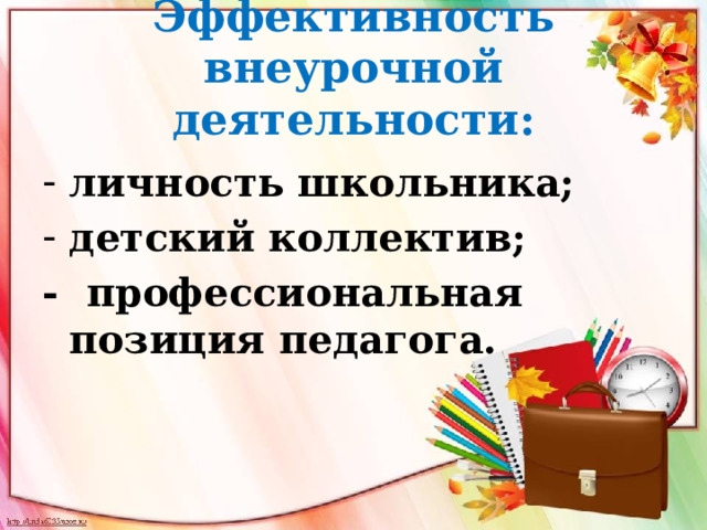 Эффективность внеурочной деятельности: личность школьника; детский коллектив; - профессиональная позиция педагога. 