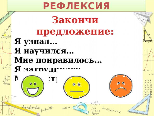 РЕФЛЕКСИЯ Закончи предложение: Я узнал… Я научился… Мне понравилось… Я затруднялся… Мое настроение… 