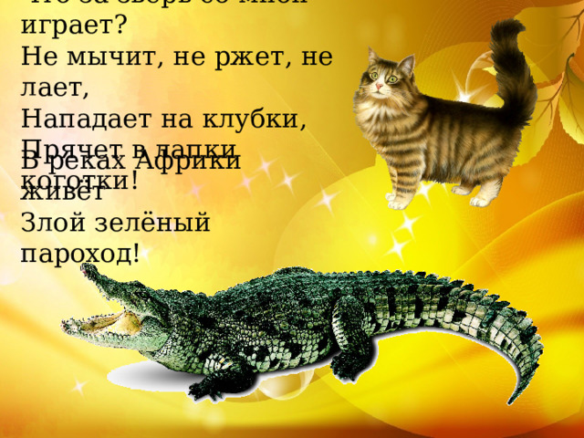 Что за зверь со мной играет?  Не мычит, не ржет, не лает,  Нападает на клубки,  Прячет в лапки коготки! В реках Африки живёт  Злой зелёный пароход! 