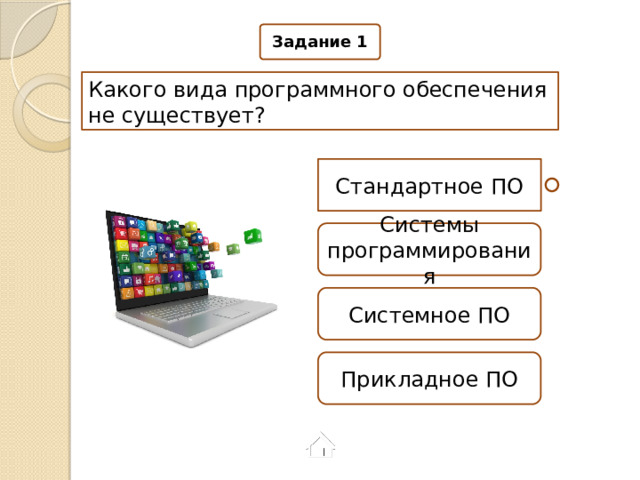 Задание 1 Какого вида программного обеспечения не существует? Стандартное ПО Системы программирования Системное ПО Прикладное ПО 