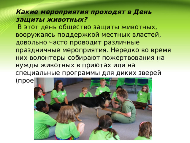 Какие мероприятия проходят в День защиты животных?  В этот день общество защиты животных, вооружаясь поддержкой местных властей, довольно часто проводит различные праздничные мероприятия. Нередко во время них волонтеры собирают пожертвования на нужды животных в приютах или на специальные программы для диких зверей (проекты по сохранению вида и т.д.). 