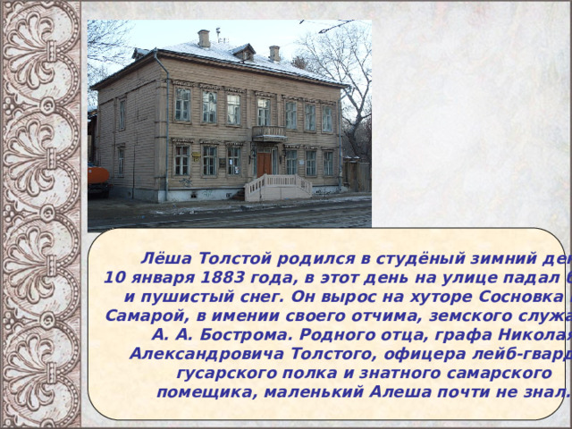 Лёша Толстой родился в студёный зимний день 10 января 1883 года, в этот день на улице падал белый и пушистый снег. Он вырос на хуторе Сосновка под Самарой, в имении своего отчима, земского служащего А. А. Бострома. Родного отца, графа Николая Александровича Толстого, офицера лейб-гвардии гусарского полка и знатного самарского помещика, маленький Алеша почти не знал. 