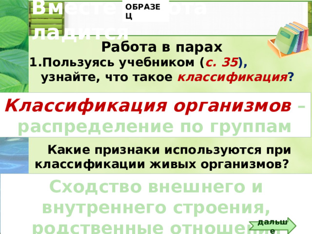 ОБРАЗЕЦ Вместе работа ладится Работа в парах Пользуясь учебником ( с. 35 ), узнайте, что такое  классификация ?     Какие признаки используются при классификации живых организмов? Классификация  организмов  –  распределение по группам Триггер – знак вопроса Сходство внешнего и внутреннего строения, родственные отношения дальше 5 