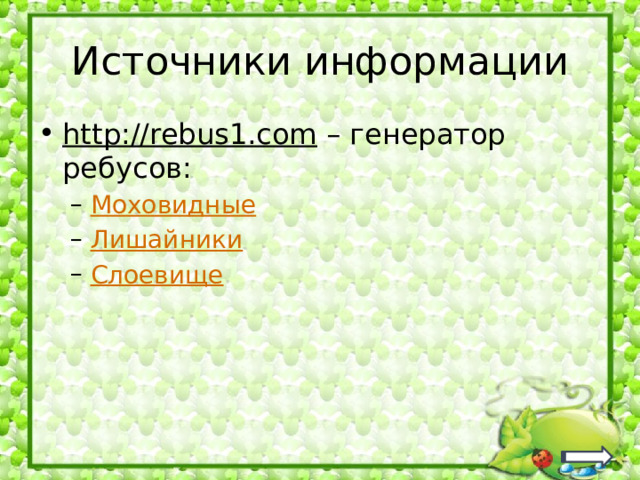 Источники информации http://rebus1.com – генератор ребусов: Моховидные Лишайники Слоевище Моховидные Лишайники Слоевище 
