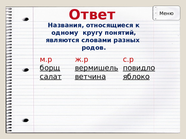Ответ Меню Названия, относящиеся к одному кругу понятий, являются словами разных родов. м.р  борщ  салат ж.р  вермишель  ветчина с.р  повидло  яблоко 