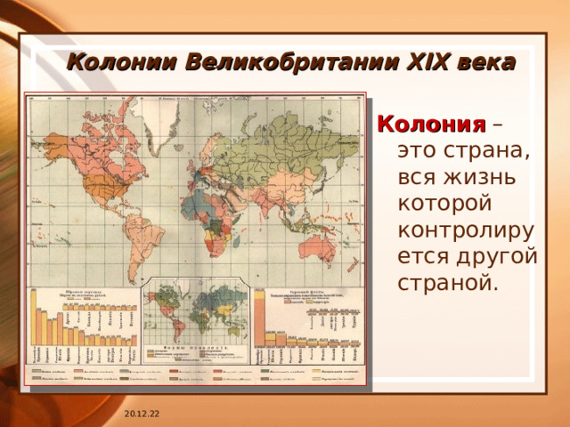 Колонии Великобритании XIX века Колония – это страна, вся жизнь которой контролируется другой страной. 20.12.22 