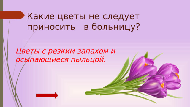 Какие цветы не следует приносить в больницу?   Цветы с резким запахом и осыпающиеся пыльцой. 
