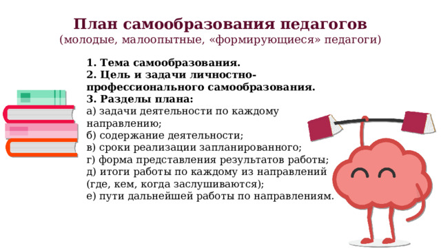 План самообразования педагогов (молодые, малоопытные, «формирующиеся» педагоги) 1. Тема самообразования. 2. Цель и задачи личностно-профессионального самообразования. 3. Разделы плана: а) задачи деятельности по каждому направлению; б) содержание деятельности; в) сроки реализации запланированного; г) форма представления результатов работы; д) итоги работы по каждому из направлений (где, кем, когда заслушиваются); е) пути дальнейшей работы по направлениям. 