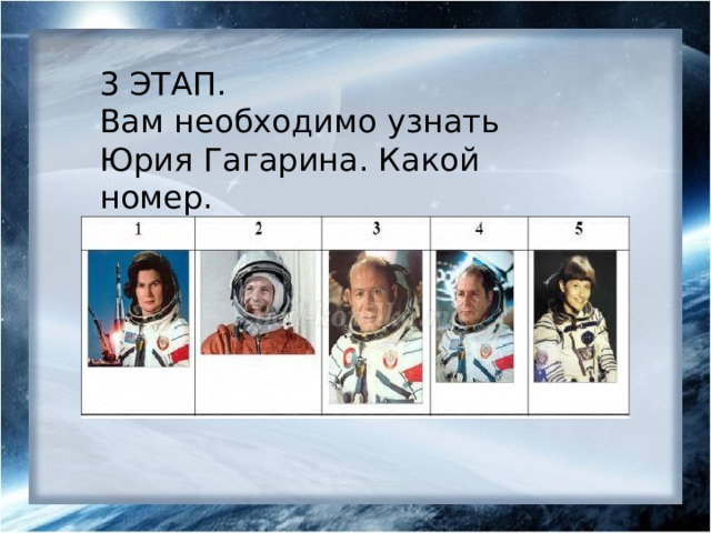 3 ЭТАП. Вам необходимо узнать Юрия Гагарина. Какой номер. 