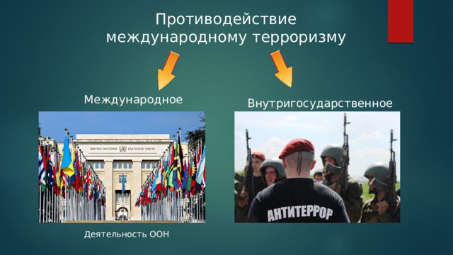 Противодействие международному терроризму Международное Внутригосударственное Деятельность ООН 
