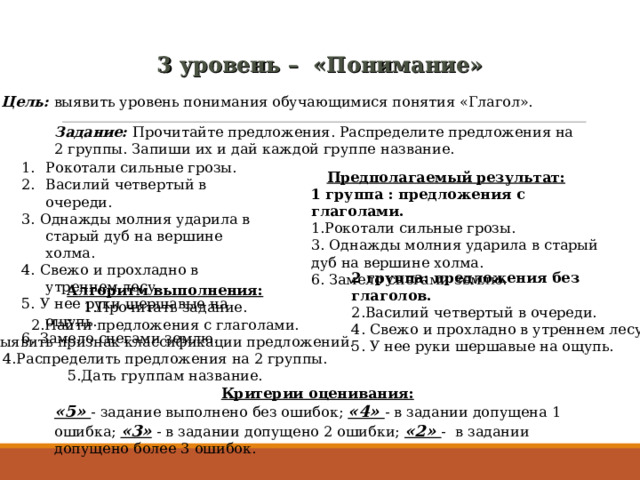 3  уровень – «Понимание» Цель: выявить уровень понимания обучающимися понятия «Глагол». Задание: Прочитайте предложения. Распределите предложения на 2 группы. Запиши их и дай каждой группе название. Рокотали сильные грозы. Василий четвертый в очереди. 3. Однажды молния ударила в старый дуб на вершине холма. 4. Свежо и прохладно в утреннем лесу. 5. У нее руки шершавые на ощупь. 6. Замело снегами землю. Предполагаемый результат:  1 группа : предложения с глаголами. Рокотали сильные грозы. 3. Однажды молния ударила в старый дуб на вершине холма. 6. Замело снегами землю. 2 группа: предложения без глаголов. 2.Василий четвертый в очереди. 4. Свежо и прохладно в утреннем лесу. 5. У нее руки шершавые на ощупь. Алгоритм выполнения: Прочитать задание. Найти предложения с глаголами. Выявить признак классификации предложений. Распределить предложения на 2 группы. Дать группам название. Критерии оценивания: «5» - задание выполнено без ошибок; «4» - в задании допущена 1 ошибка; «3» - в задании допущено 2 ошибки; «2» - в задании допущено более 3 ошибок. 