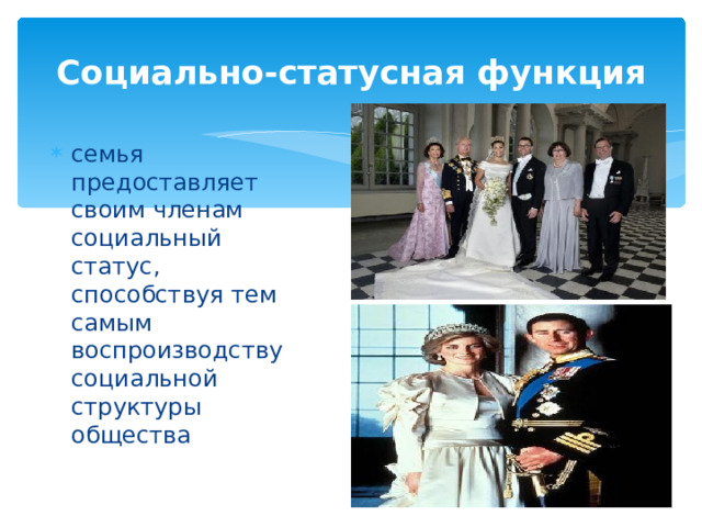 Социально-статусная функция  семья предоставляет своим членам социальный статус, способствуя тем самым воспроизводству социальной структуры общества 