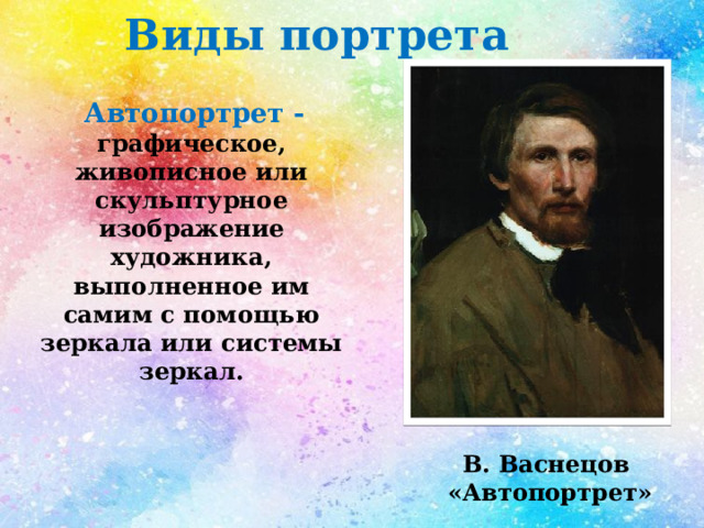 Виды портрета  Автопортрет -  графическое, живописное или скульптурное изображение художника, выполненное им самим с помощью зеркала или системы зеркал. В. Васнецов «Автопортрет» 