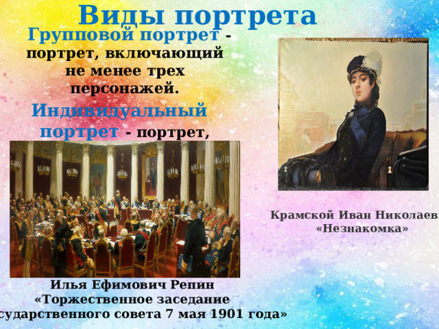 Виды портрета  Групповой портрет - портрет, включающий не менее трех персонажей.  Индивидуальный портрет - портрет, включающий одного персонажа. Крамской Иван Николаевич «Незнакомка» Илья Ефимович Репин «Торжественное заседание  Государственного совета 7 мая 1901 года» 
