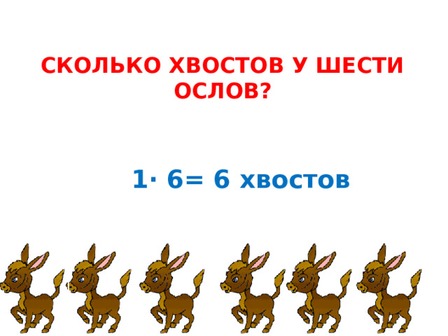СКОЛЬКО ХВОСТОВ У ШЕСТИ ОСЛОВ? 1∙ 6= 6 хвостов 