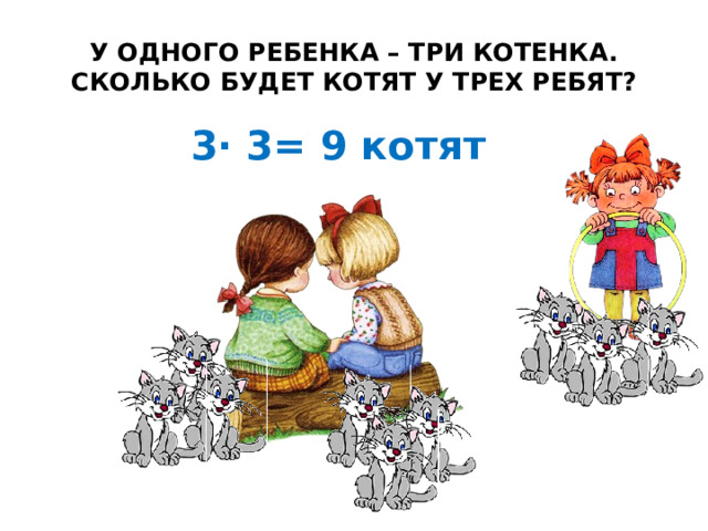 У ОДНОГО РЕБЕНКА – ТРИ КОТЕНКА.  СКОЛЬКО БУДЕТ КОТЯТ У ТРЕХ РЕБЯТ? 3∙ 3= 9 котят 