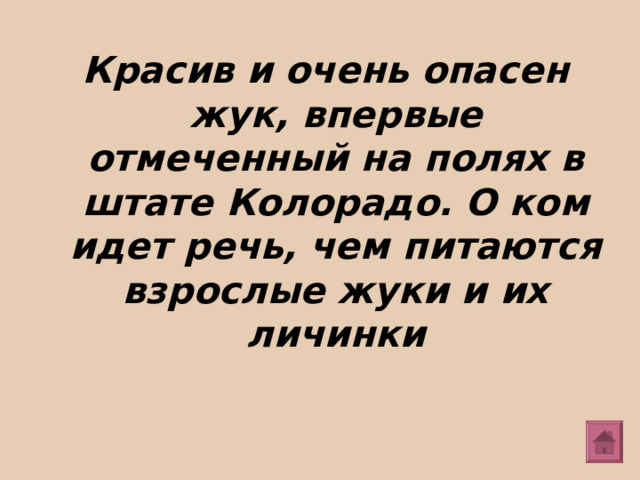 Красив и очень опасен жук, впервые отмеченный на полях в штате Колорадо. О ком идет речь, чем питаются взрослые жуки и их личинки 