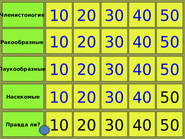 10 50 30 Членистоногие 20 40 10 50 30 Ракообразные  20 40 30 20 10 Паукообразные 50 40 20 10 Насекомые 30 50 40 10 Правда ли? 50 40 30 20 