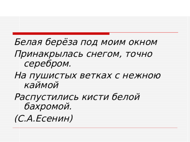 Белая берёза под моим окном Принакрылась снегом, точно серебром. На пушистых ветках с нежною каймой Распустились кисти белой бахромой. (С.А.Есенин)  