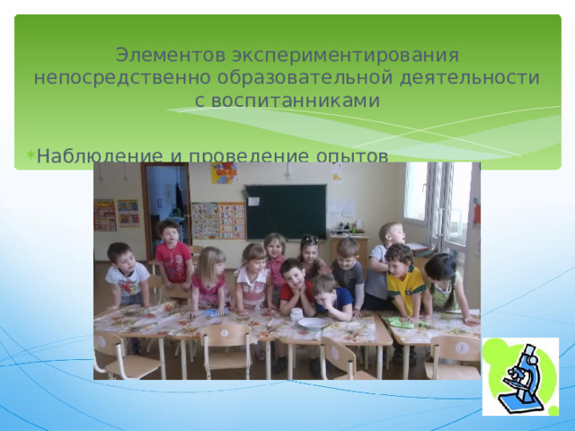 Элементов экспериментирования непосредственно образовательной деятельности с воспитанниками Наблюдение и проведение опытов 