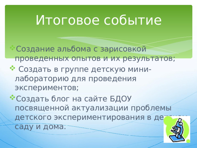Итоговое событие Создание альбома с зарисовкой проведенных опытов и их результатов;  Создать в группе детскую мини-лабораторию для проведения экспериментов; Создать блог на сайте БДОУ посвященной актуализации проблемы детского экспериментирования в детском саду и дома. 