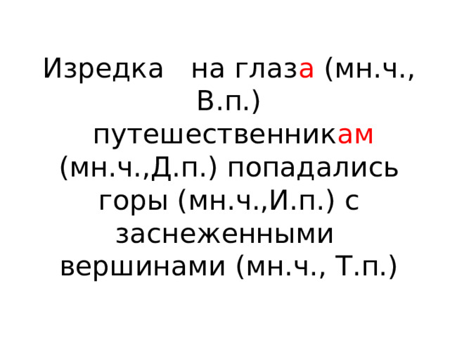 Изредка на глаз а (мн.ч., В.п.)   путешественник ам (мн.ч.,Д.п.) попадались горы (мн.ч.,И.п.) с заснеженными вершинами (мн.ч., Т.п.) 