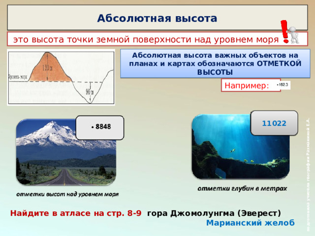  подготовила учителя географии Рахманиной Е.А. Абсолютная высота  это высота точки земной поверхности над уровнем моря Абсолютная высота важных объектов на планах и картах обозначаются ОТМЕТКОЙ ВЫСОТЫ Например: 11022 Найдите в атласе на стр. 8-9 гора Джомолунгма (Эверест)  Марианский желоб 