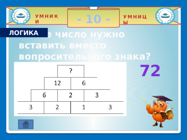 - 10 - УМНИКИ УМНИЦЫ ЛОГИКА Какое число нужно вставить вместо вопросительного знака? 72 2 
