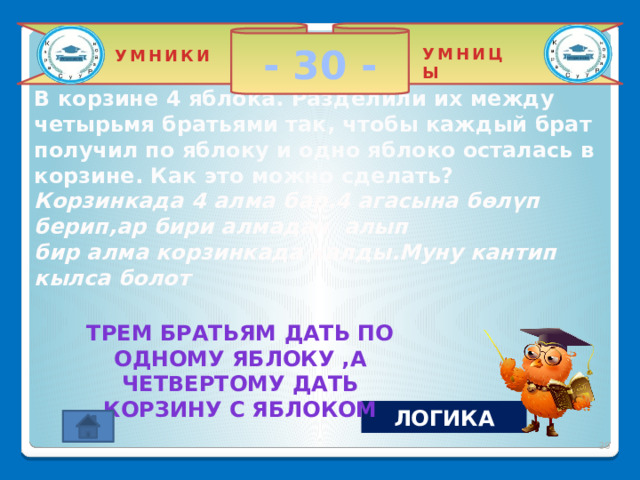 - 30 - УМНИЦЫ УМНИКИ  В корзине 4 яблока. Разделили их между четырьмя братьями так, чтобы каждый брат получил по яблоку и одно яблоко осталась в корзине. Как это можно сделать?  Корзинкада 4 алма бар.4 агасына бөлүп берип,ар бири алмадан алып  бир алма корзинкада калды.Муну кантип кылса болот   Трем братьям дать по одному яблоку ,а четвертому дать корзину с яблоком ЛОГИКА 2 