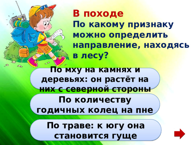 В походе По какому признаку можно определить направление, находясь в лесу? По мху на камнях и деревьях: он растёт на них с северной стороны По количеству годичных колец на пне По траве: к югу она становится гуще 