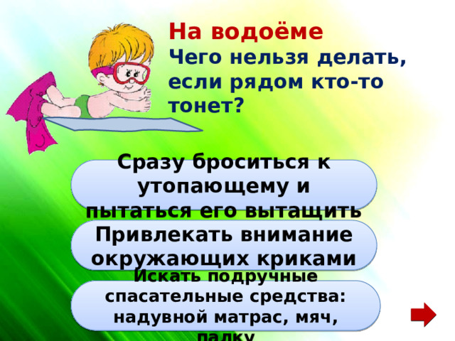 На водоёме  Чего нельзя делать, если рядом кто-то тонет? Сразу броситься к утопающему и пытаться его вытащить Привлекать внимание окружающих криками Искать подручные спасательные средства: надувной матрас, мяч, палку 