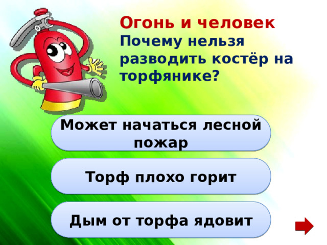 Огонь и человек Почему нельзя разводить костёр на торфянике? Может начаться лесной пожар Торф плохо горит Дым от торфа ядовит 