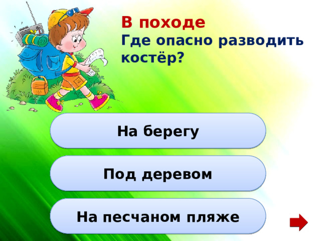 В походе Где опасно разводить костёр? На берегу Под деревом На песчаном пляже 
