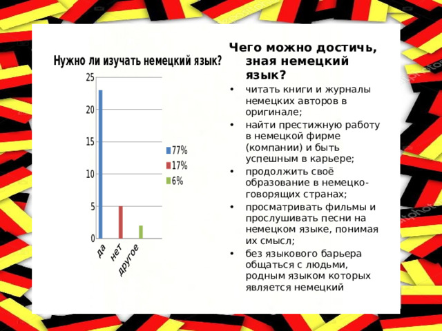Чего можно достичь, зная немецкий язык? читать книги и журналы немецких авторов в оригинале; найти престижную работу в немецкой фирме (компании) и быть успешным в карьере; продолжить своё образование в немецко-говорящих странах; просматривать фильмы и прослушивать песни на немецком языке, понимая их смысл; без языкового барьера общаться с людьми, родным языком которых является немецкий  