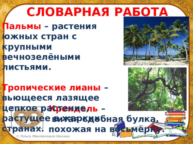 СЛОВАРНАЯ РАБОТА Пальмы – растения южных стран с крупными вечнозелёными листьями.  Тропические лианы – вьющееся лазящее цепкое растение, растущее в жарких странах. Крендель –  витая сдобная булка, похожая на восьмёрку. 
