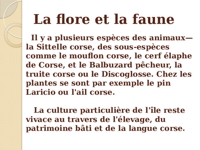La flore et la faune Il y a plusieurs espèces des animaux— la Sittelle corse, des sous-espèces comme le mouflon corse, le cerf élaphe de Corse, et le Balbuzard pêcheur, la truite corse ou le Discoglosse. Chez les plantes se sont par exemple le pin Laricio ou l'ail corse.    La culture particulière de l'île reste vivace au travers de l'élevage, du patrimoine bâti et de la langue corse. 