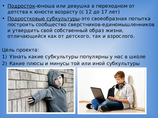 Подросток -юноша или девушка в переходном от детства к юности возрасту (с 12 до 17 лет) Подростковые субкультуры -это своеобразная попытка построить сообщество сверстников-единомышленников и утвердить свой собственный образ жизни, отличающийся как от детского, так и взрослого. Цель проекта: Узнать какие субкультуры популярны у нас в школе Какие плюсы и минусы той или иной субкультуры 