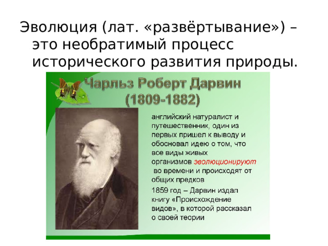 Эволюция (лат. «развёртывание») – это необратимый процесс исторического развития природы. 