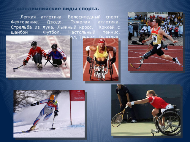 Параолимпийские виды спорта.  Легкая атлетика. Велосипедный спорт. Фехтование. Дзюдо. Тяжелая атлетика. Стрельба из лука. Лыжный кросс. Хоккей с шайбой Футбол. Настольный теннис. Баскетбол. Регби . Волейбол. Теннис . Выездка. Плаванье. 