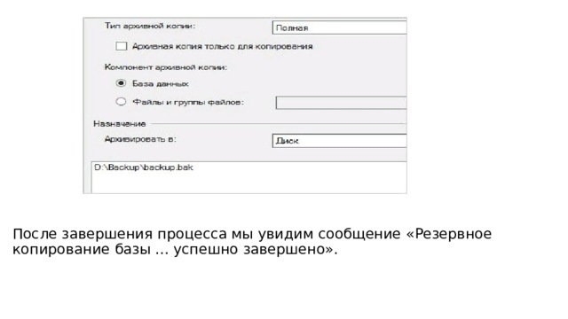 После завершения процесса мы увидим сообщение «Резервное копирование базы ... успешно завершено». 