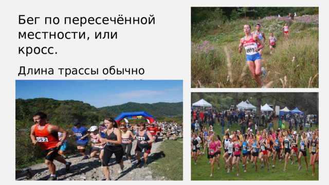 Бег по пересечённой местности, или кросс. Длина трассы обычно составляет от 3 до 12 км.  