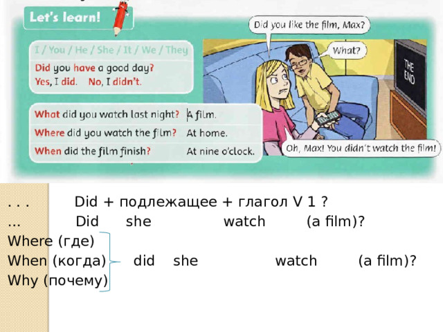 . . . Did + подлежащее + глагол V 1 ? … Did she watch (a film)? Where (где) When (когда) did she watch (a film)? Why (почему) 