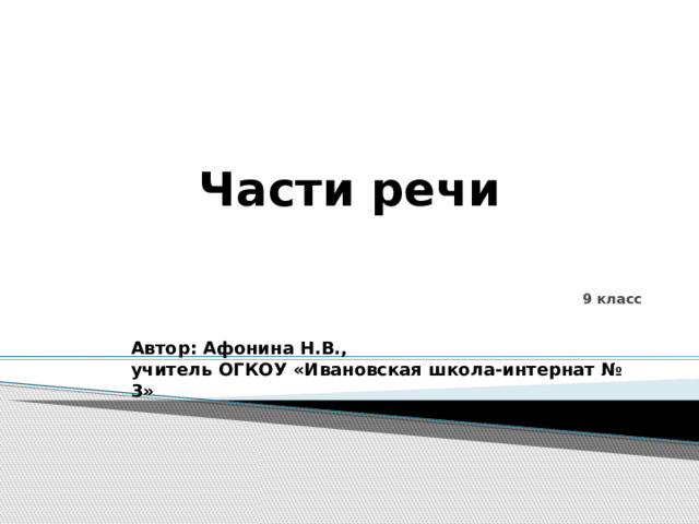Части речи   9 класс Автор: Афонина Н.В., учитель ОГКОУ «Ивановская школа-интернат № 3» 