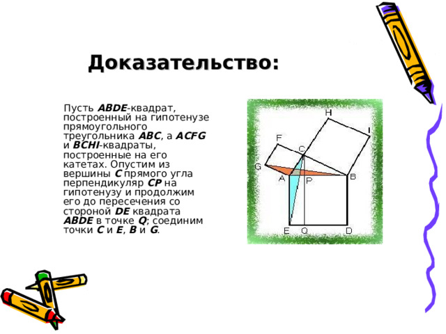 Доказательство:  Пусть ABDE -квадрат, построенный на гипотенузе прямоугольного треугольника ABC , а ACFG и BCHI -квадраты, построенные на его катетах. Опустим из вершины C прямого угла перпендикуляр CP на гипотенузу и продолжим его до пересечения со стороной DE квадрата ABDE в точке Q ; соединим точки C и E , B и G . 