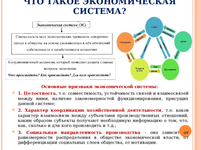 ЧТО ТАКОЕ ЭКОНОМИЧЕСКАЯ СИСТЕМА? Основные признаки экономической системы: 1. Целостность , т.е. совместимость, устойчивость связей и взаимосвязей между ними, наличие закономерностей функционирования, присущих данной системе; 2. Характер координации хозяйственной деятельности , т.е. каков характер взаимосвязи между субъектами производственных отношений, каким образом субъекты получают необходимую информацию о том, что, как, сколько и для кого производить и т.д.; 3. Социальная направленность производства - она зависит от равномерности распределения в обществе экономической власти, от дифференциации социальных слоев общества, от мотивации . 